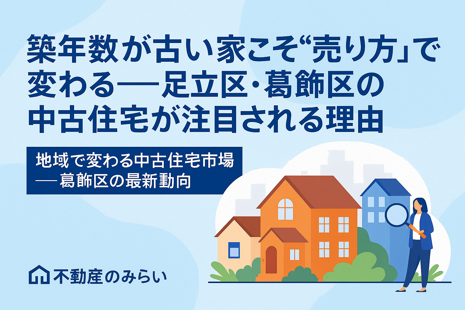 葛飾区の中古住宅市場の動向を示すグラフィック。立石・金町・新小岩など地域の変化と需要を表現。