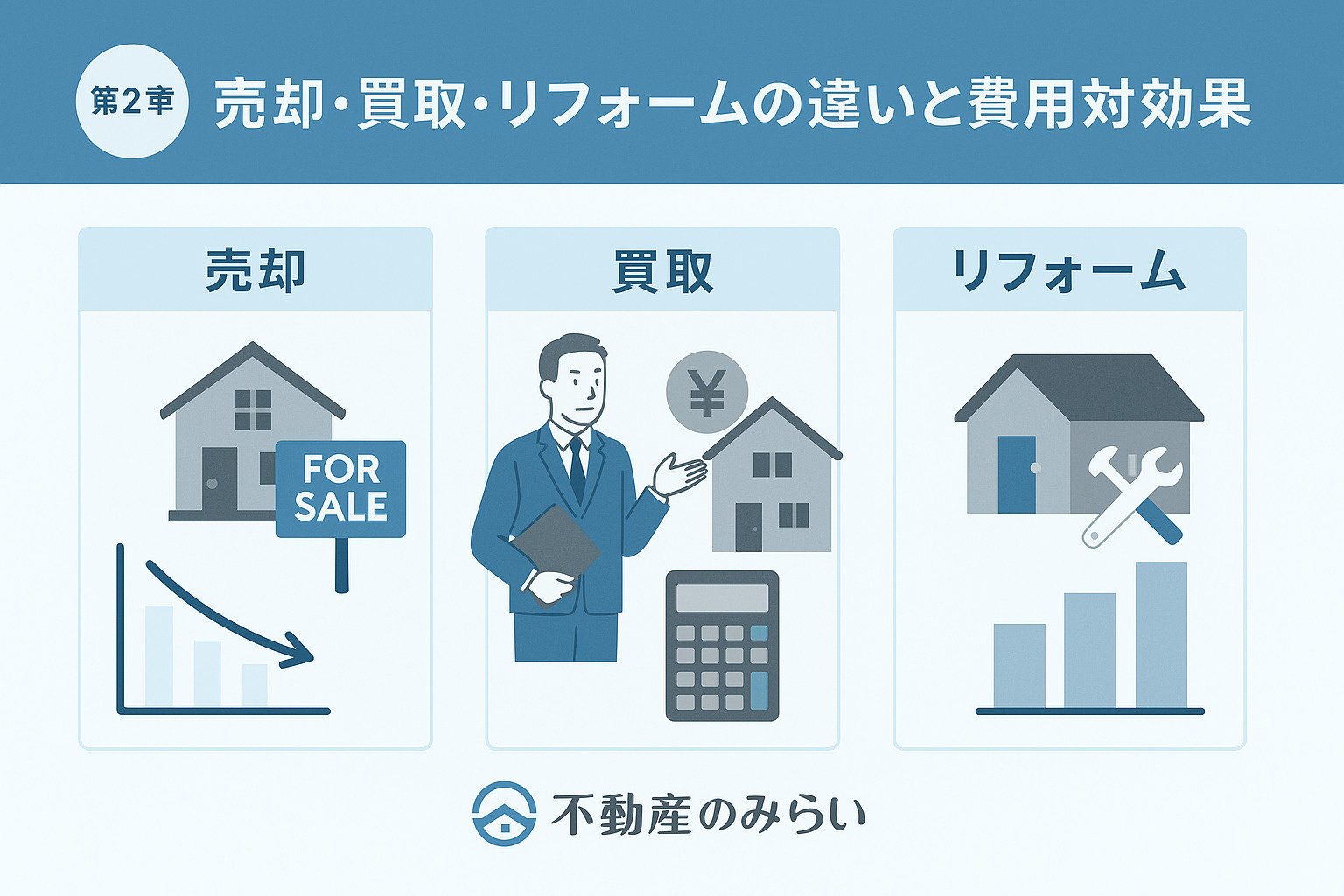 売却・買取・リフォームの違いと費用対効果を比較するイメージ。3方向の選択肢を示すデザイン。