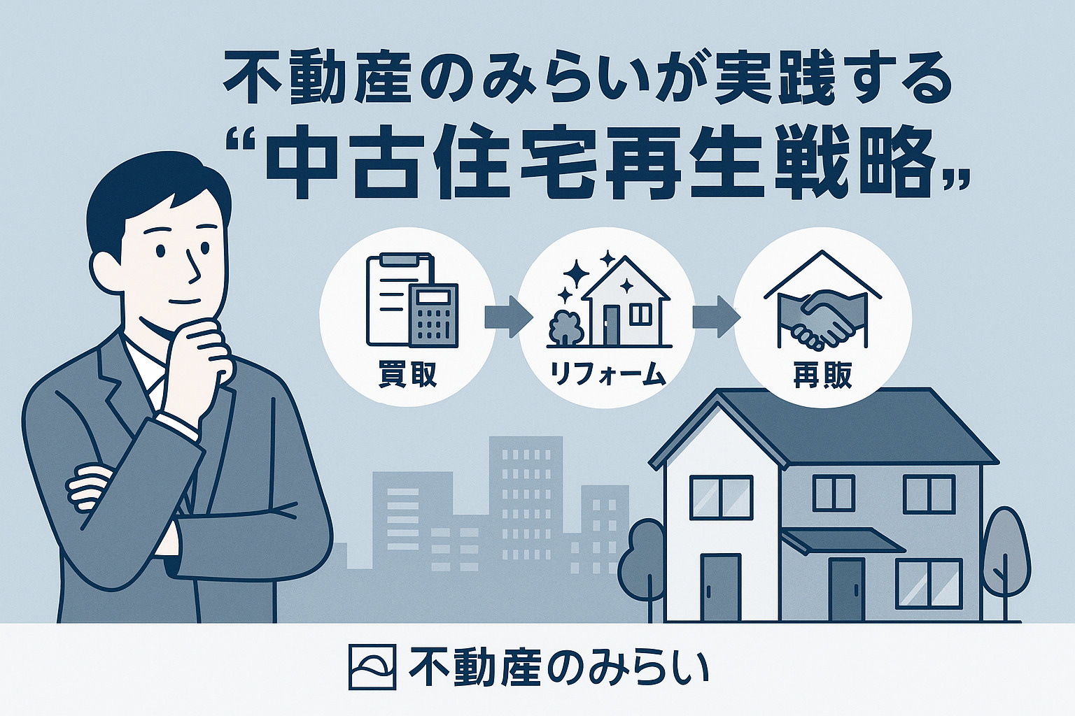 不動産のみらいが実践する中古住宅再生戦略を描いたイラスト。リフォームと再販の流れを象徴。