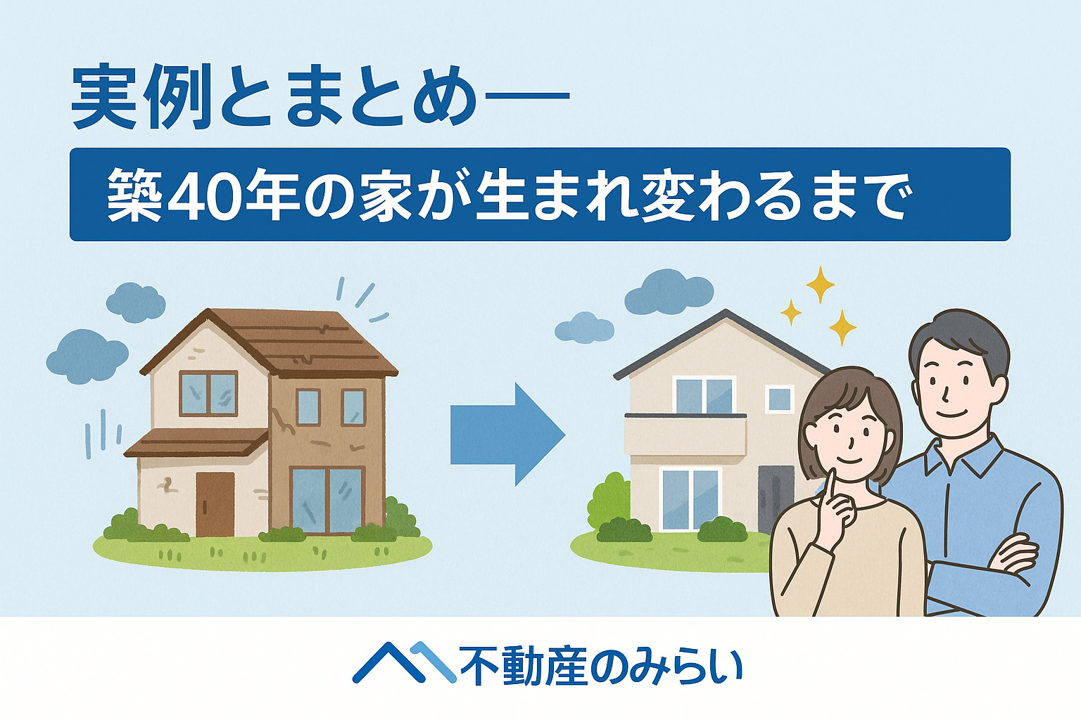 築40年の住宅が再生・売却成功した実例を描く構図。ビフォーアフターを象徴する温かみのあるデザイン。