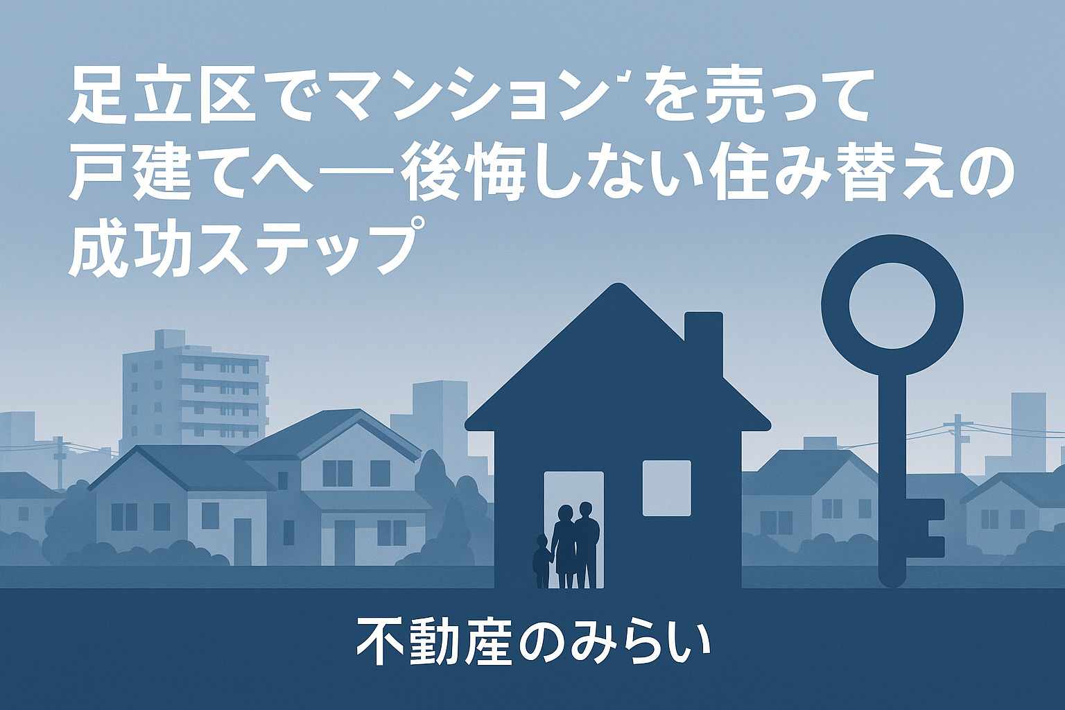 足立区でマンションを売って戸建てに住み替える理由と背景を解説するイメージ。住宅街と家族のシルエット