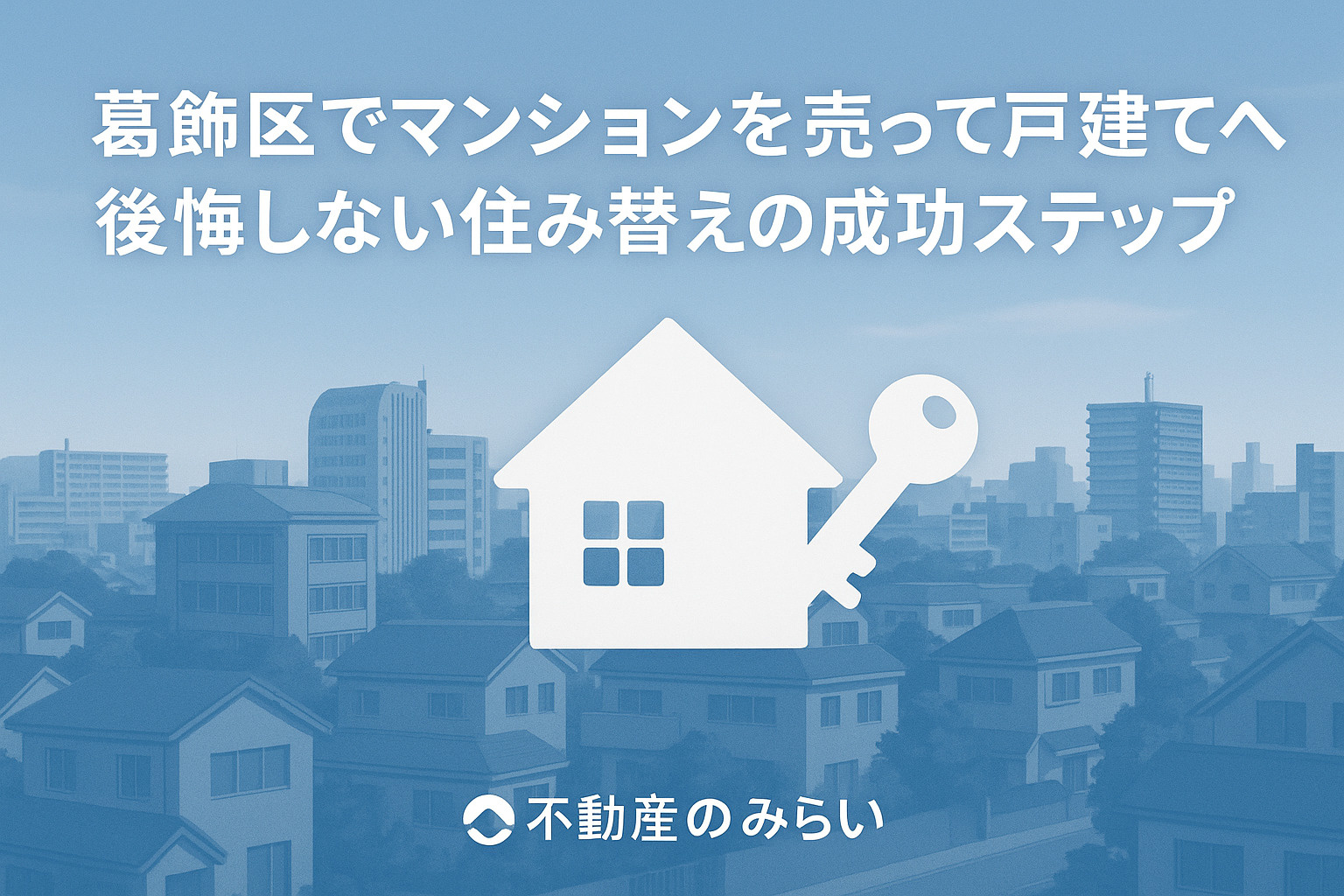 葛飾区でマンションを売って戸建てに住み替える理由と背景を解説するイメージ。立石・新小岩の住宅街を柔らかな青×グレー基調で表現。