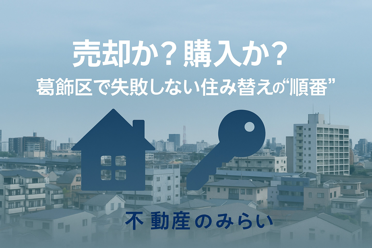 葛飾区で「売ってから買う」か「買ってから売る」かの順番を比較する住宅と鍵のシルエット。信頼感ある青×グレートーン。