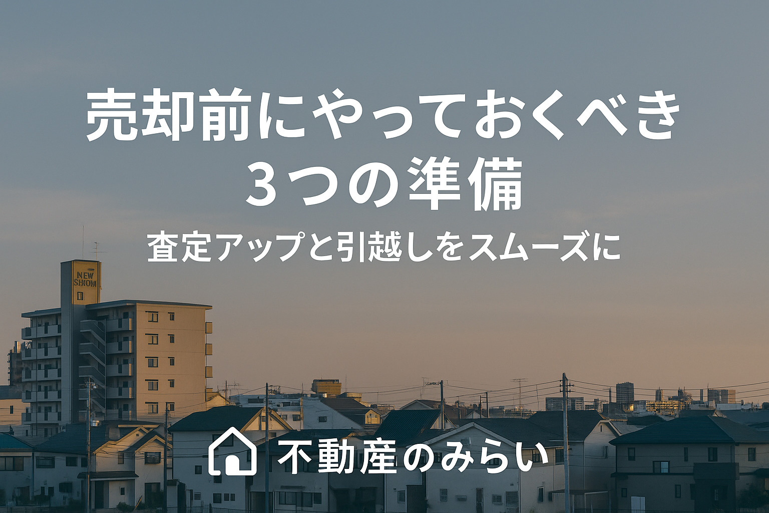 葛飾区の売却前にやっておくべき3つの準備をチェックリストと段ボールで表現。青×グレー基調で信頼感を演出。