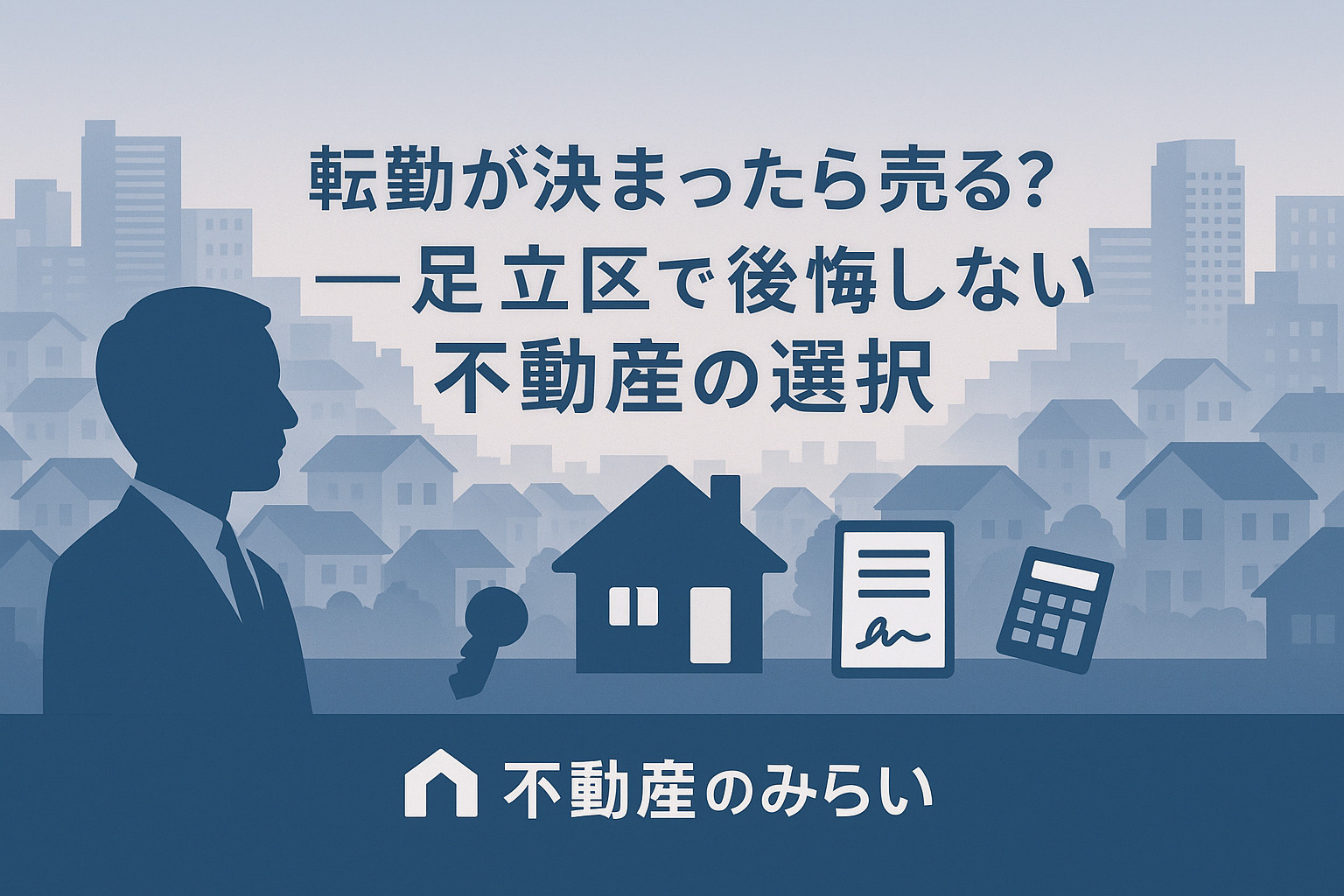 転勤が決まり売るか貸すかで悩む人に向けた足立区の住宅街と鍵のイメージ。
