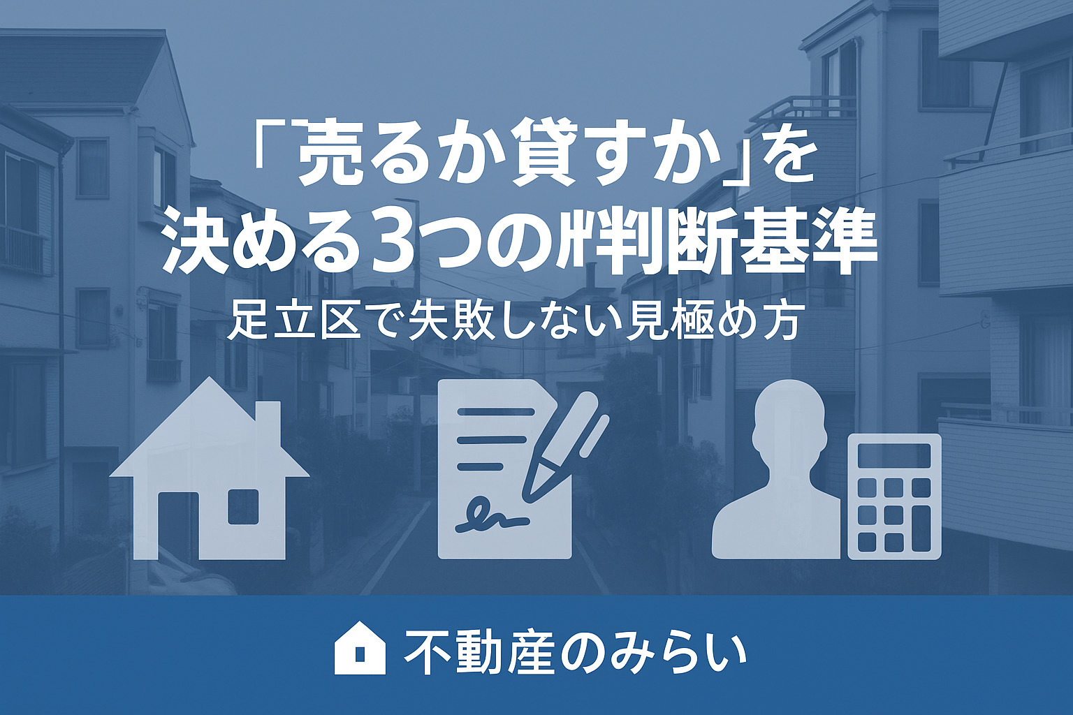 売るか貸すかの判断基準を示す分岐矢印と家のシルエット。