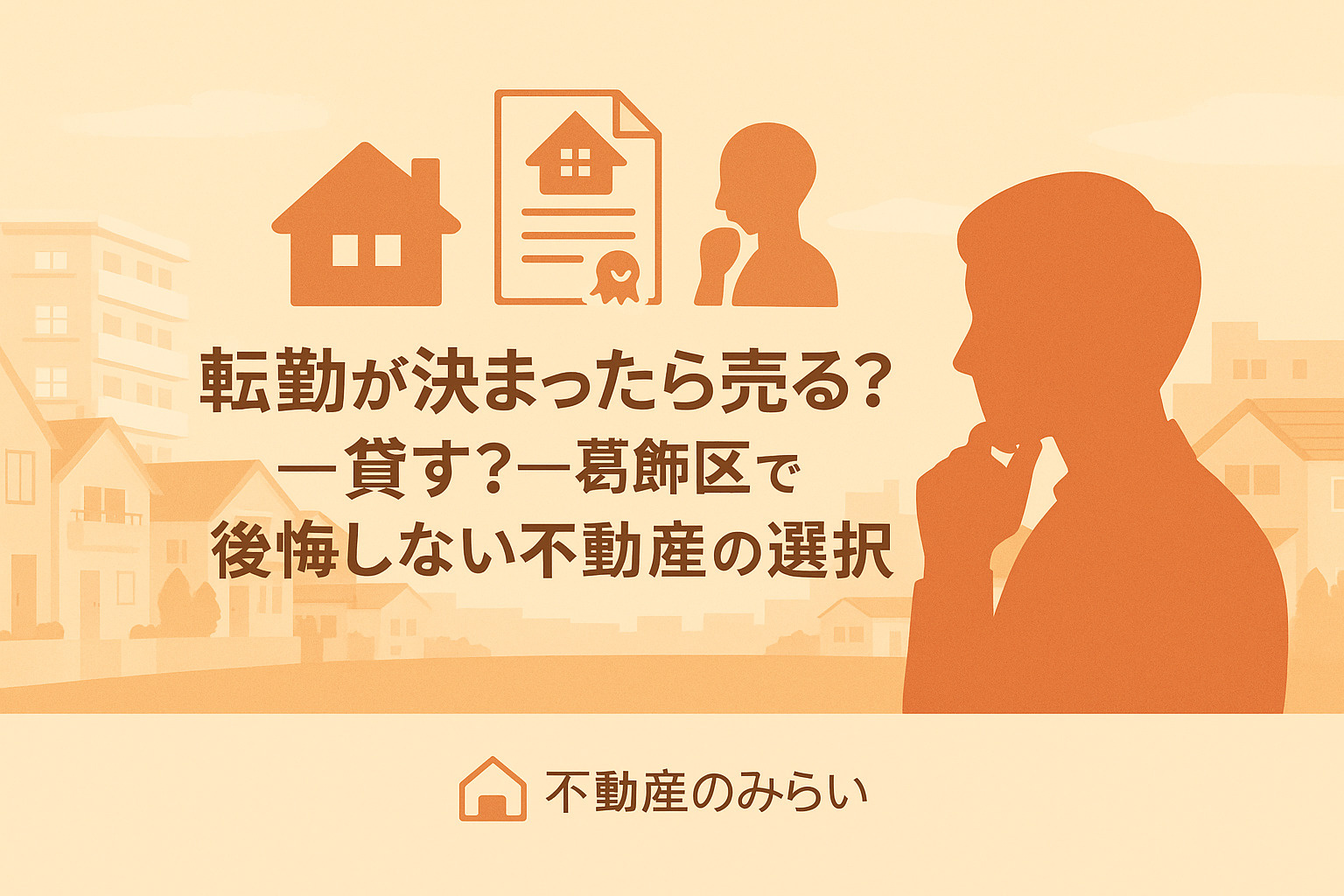 転勤で売るか貸すか悩む人に向けた葛飾区の住宅街と鍵のイメージ。
