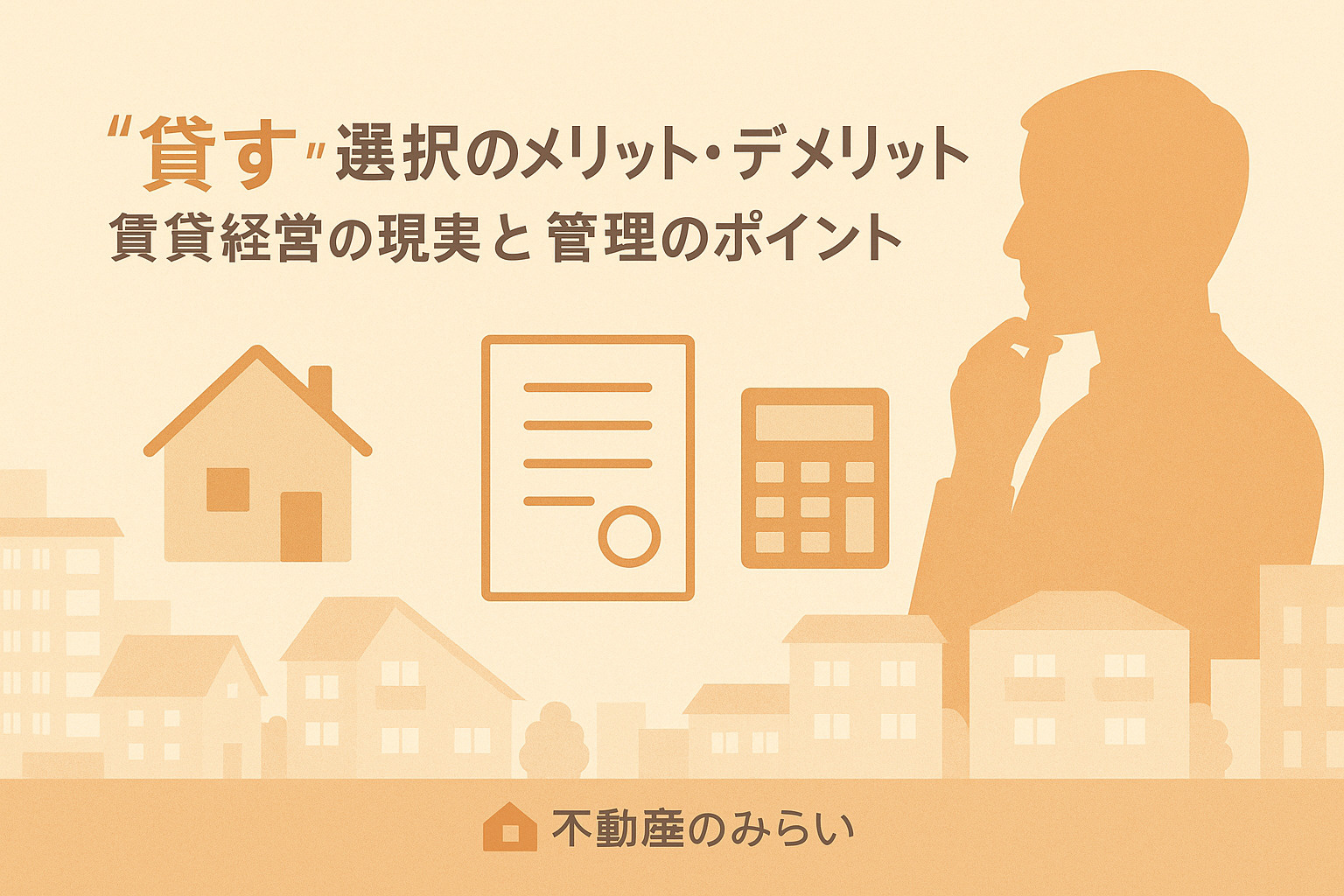 賃貸経営の現実を描いた契約書と家のイラスト、管理のイメージ。