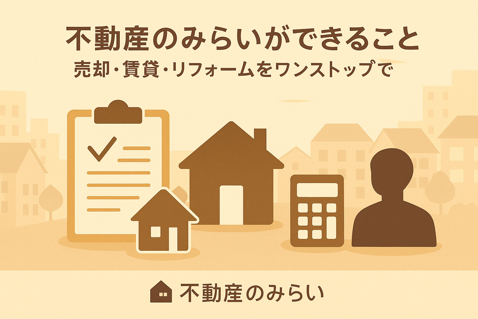 売却・賃貸・リフォームを一社で完結できるサポート体制を象徴するデザイン。