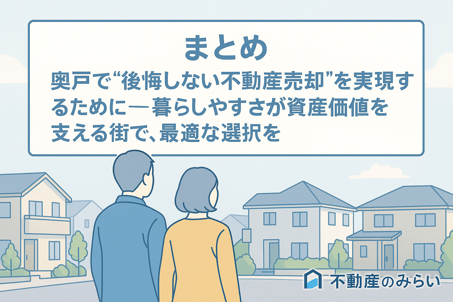 奥戸での不動産売却後の未来を象徴する住宅街と夫婦シルエットの画像