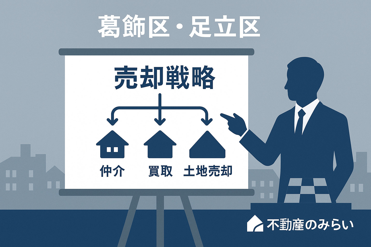 仲介・買取・土地売却の戦略分岐図を表現したイラスト