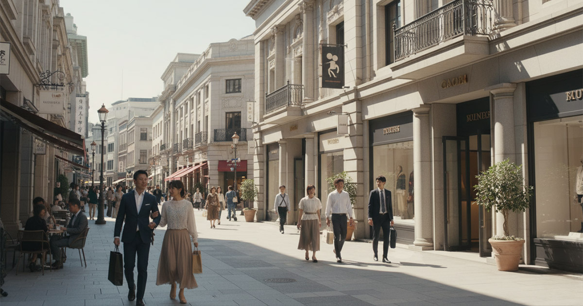 大丸神戸店周辺の旧居留地の美しい街並みとショッピングを楽しむ人々