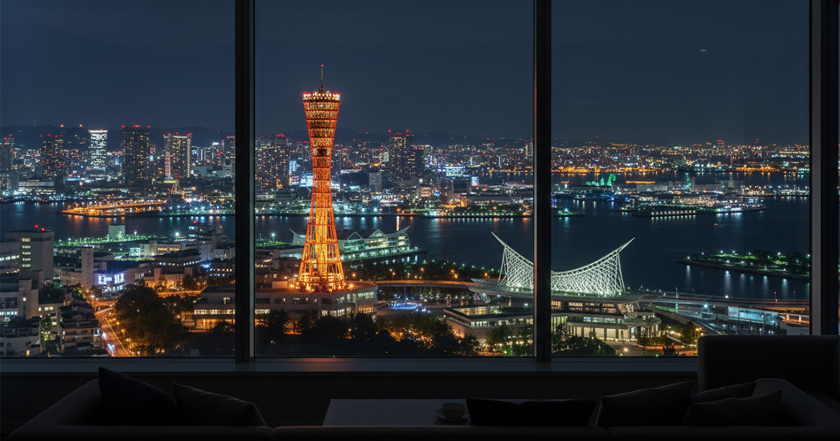 タワーマンションから望む神戸の夜景とポートタワー