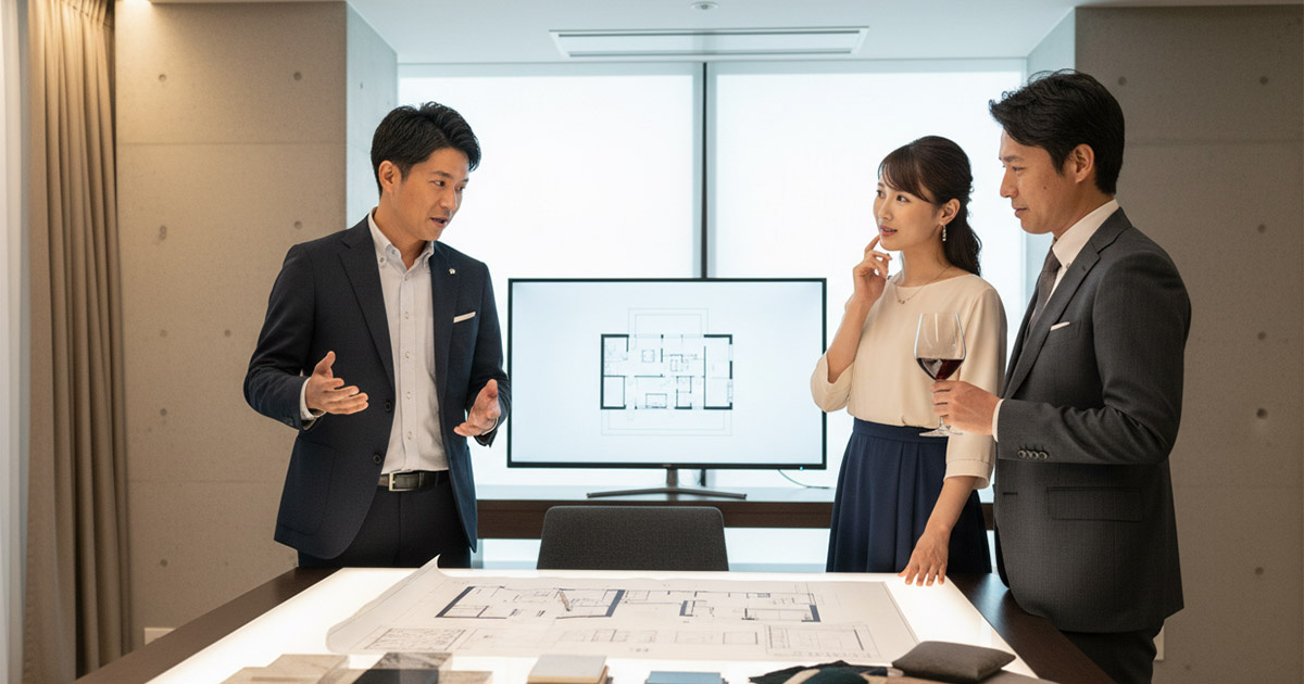 タワーマンションの高級感ある内装リノベーションの提案を受ける様子