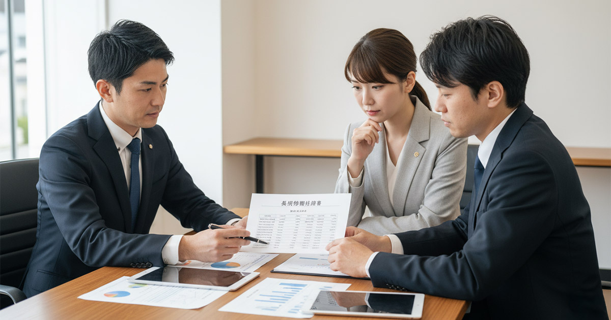 重要事項調査報告書や修繕計画書を見ながら、プロの視点で管理状態を確認する様子
