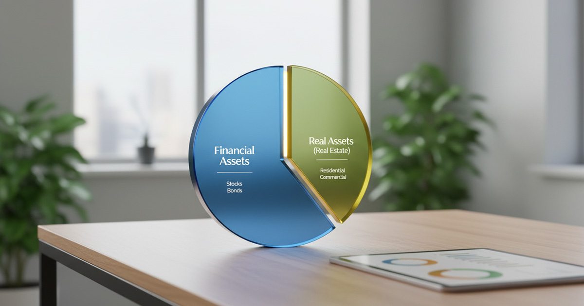 金融資産と実物資産のバランスを示すポートフォリオの円グラフ