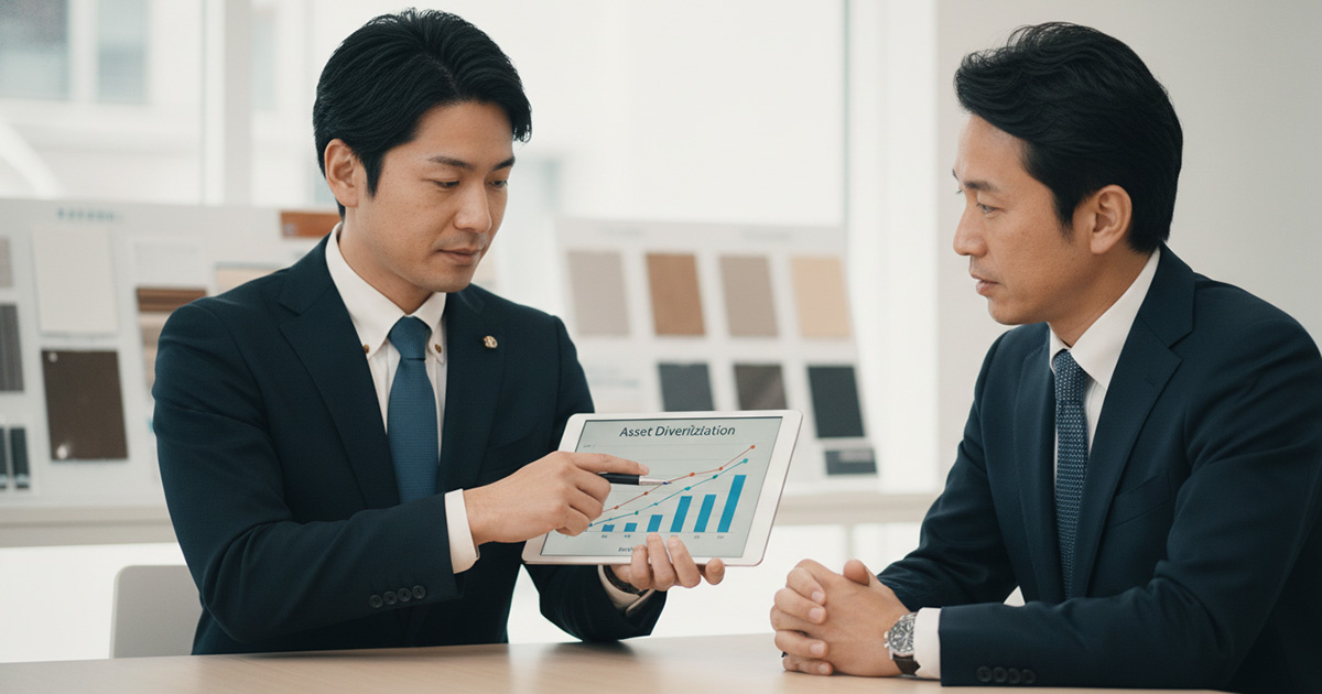 高翔バイセルのオフィスで、担当者が顧客にポートフォリオの分散についてアドバイスしている様子