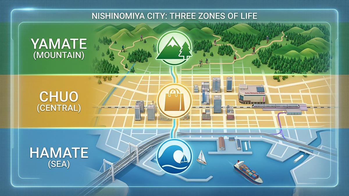 西宮市の地図を山手・中央・浜手に色分けし、それぞれのエリアの特徴(眺望、利便性、海)を示すアイコンを配置した図解