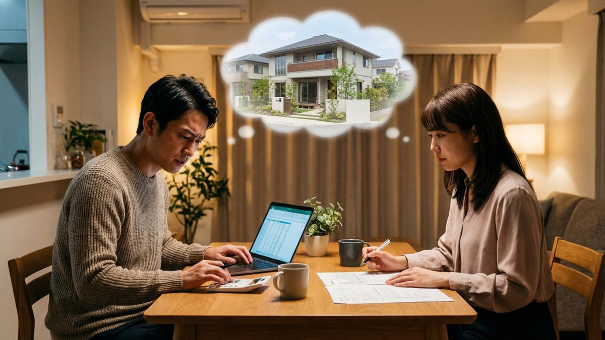 夫婦が電卓とノートパソコンを使って真剣に資金計画を立てている様子。背景には理想の家のイメージ。