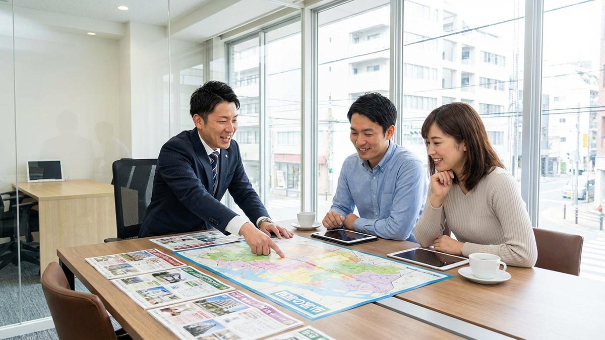 高翔バイセルのスタッフが西宮市の地図を広げ、お客様に熱心に物件を提案している様子