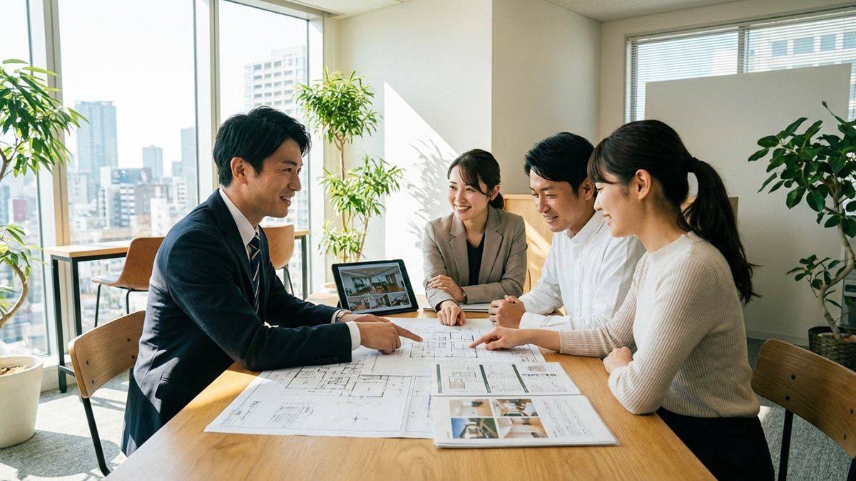 不動産担当者と建築士がチームを組み、物件探しからリノベーション設計までを一貫してサポートする様子