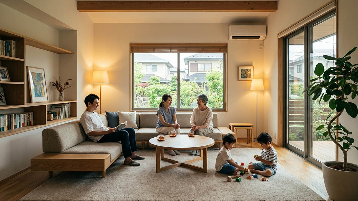 リノベーションが完成した西宮のマンションのリビングで、快適に過ごす家族の様子