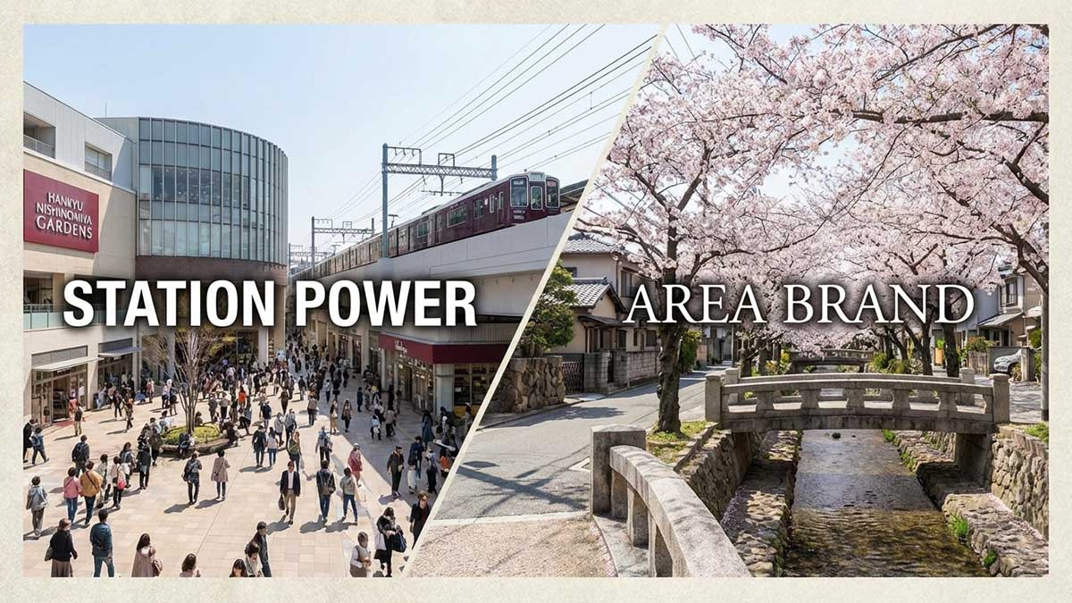 西宮北口駅の賑わいや、夙川エリアのブランド力を象徴する街並みのコラージュ