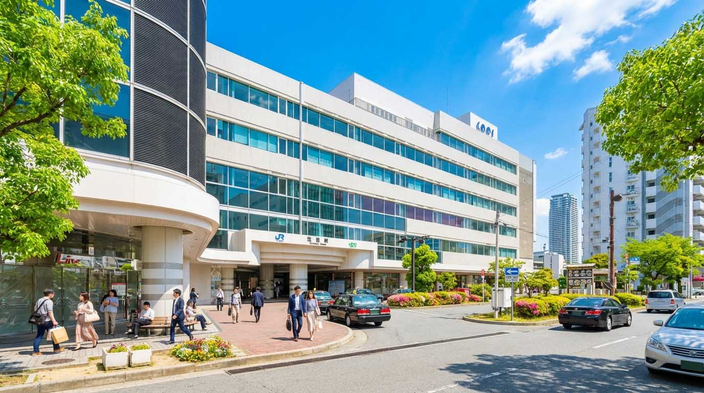 JR住吉駅周辺の商業施設(シーアなど)と、行き交う人々の活気ある様子