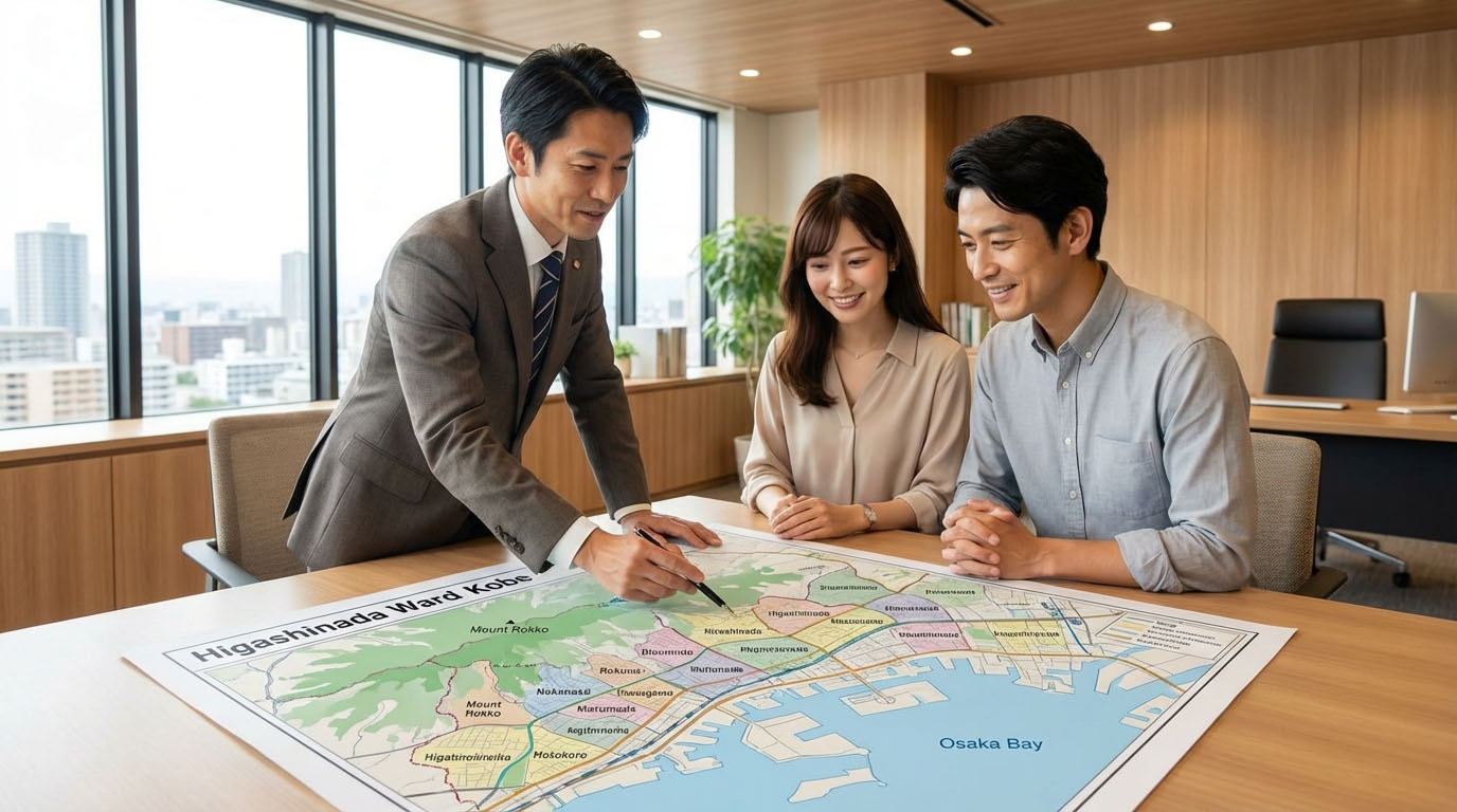高翔バイセルのオフィスで、担当者が東灘区の地図を見せながら、お客様にエリアごとの資産価値を説明している様子