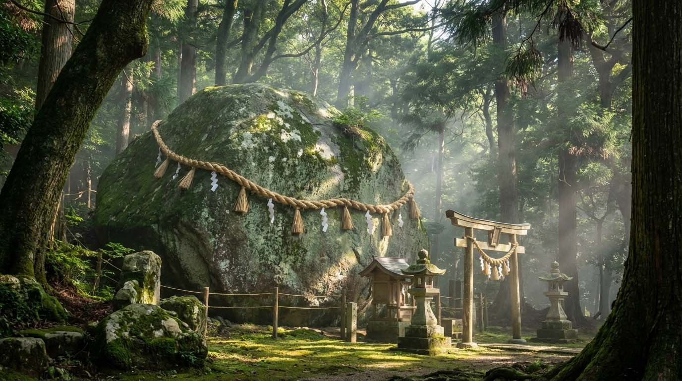 越木岩神社の御神体である巨大な岩(甑岩)と静かな境内の様子