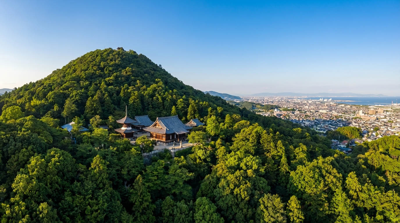 甲山を背景にした神呪寺の風景と、周辺の緑豊かな環境