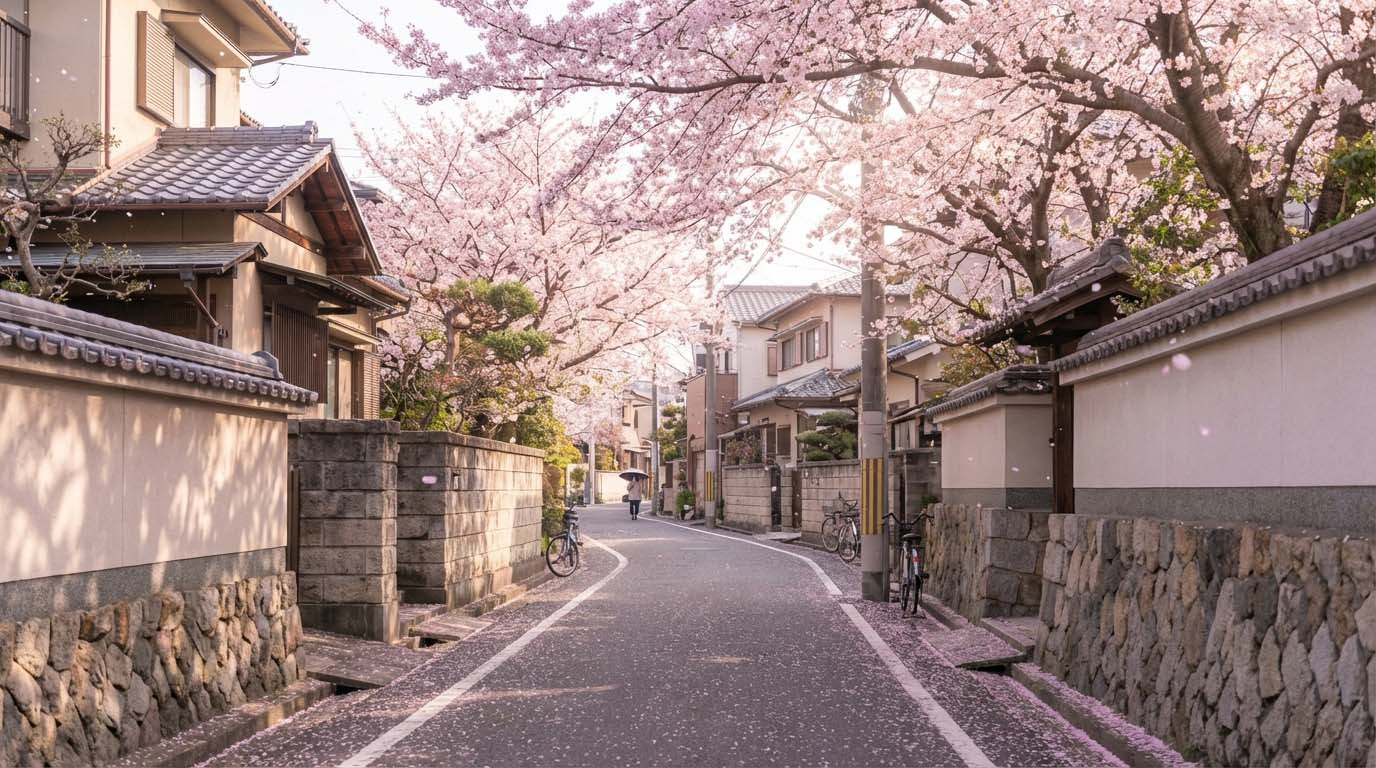 満池谷墓地周辺の満開の桜並木と、静かで整然とした通りの様子