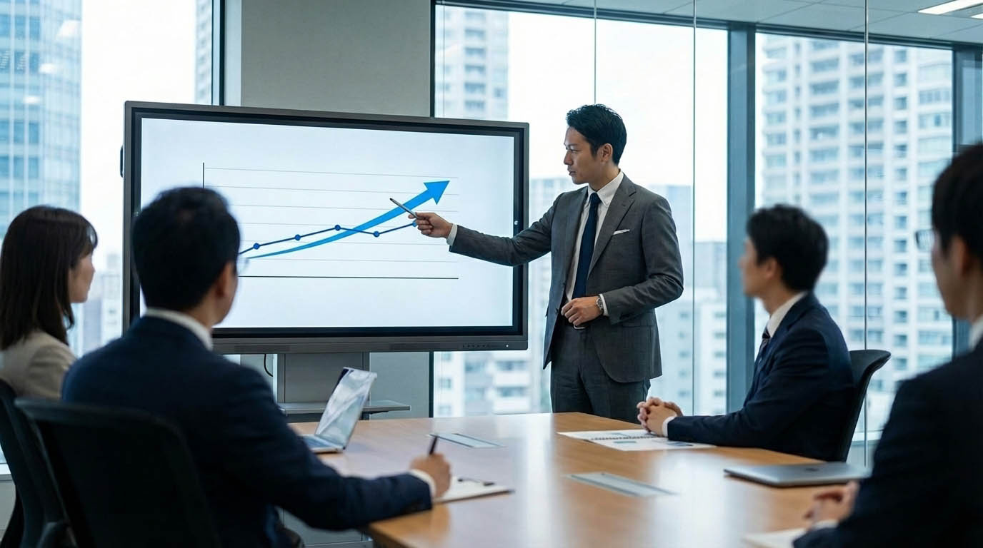 阪神間エリアの不動産価格推移を示す上昇トレンドのグラフと、分析する専門家