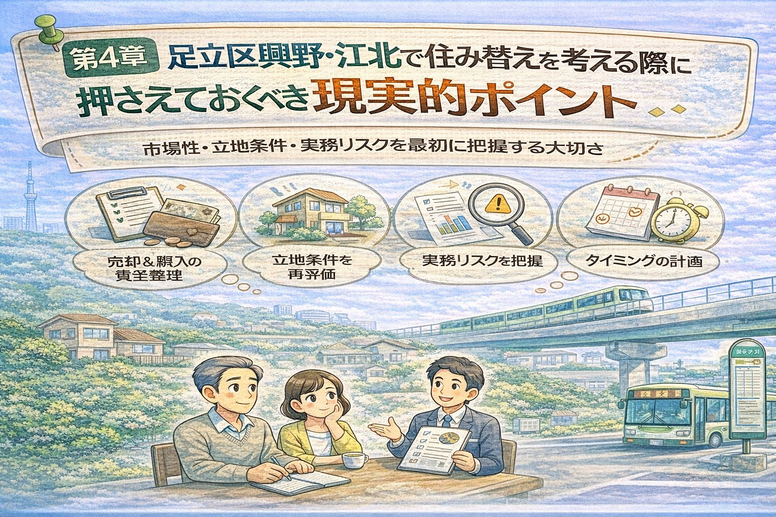 興野・江北で住み替えを考える際の現実的ポイントをまとめたイメージ