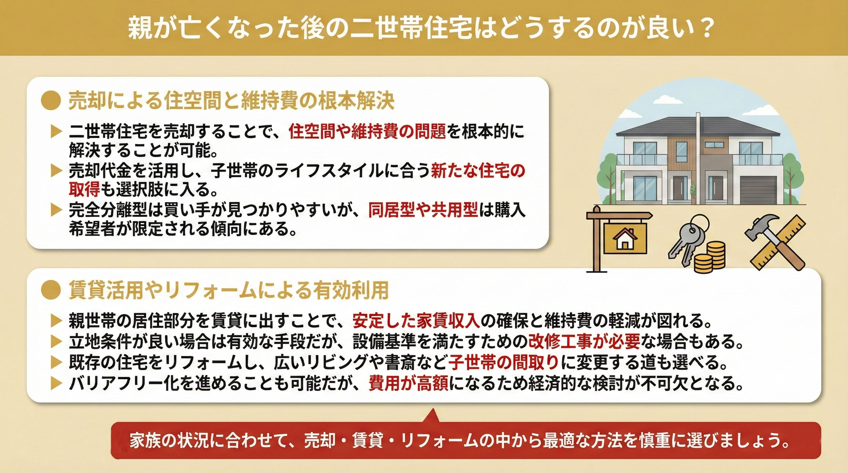 親が亡くなった後の二世帯住宅はどうするのが良い?