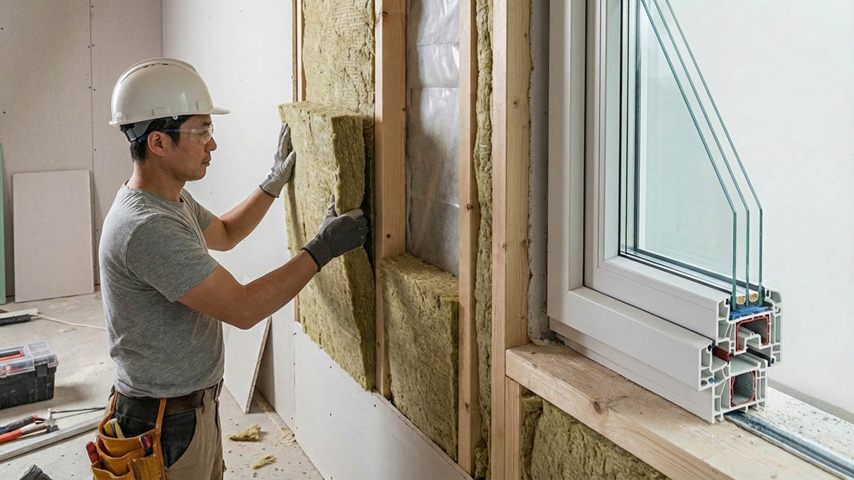 中古マンションのリノベーション現場で、断熱材の施工を行っている職人の様子