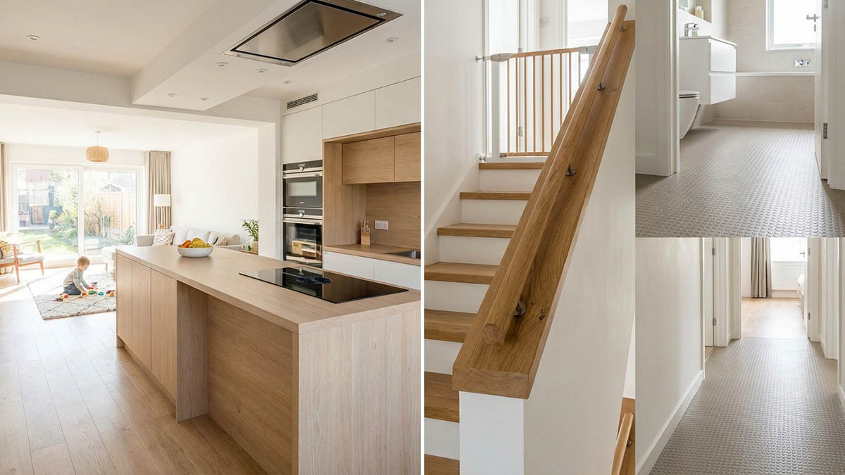 対面キッチンへの変更や、転落防止手すりの設置など、具体的な子育て対応リフォームのイメージ