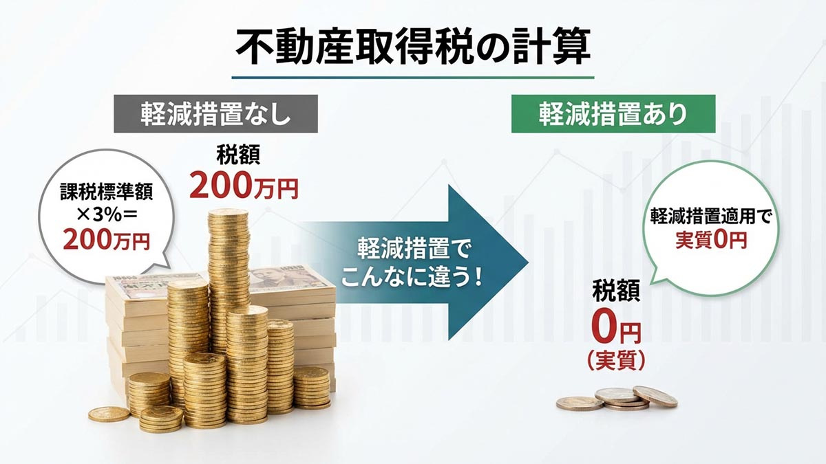 不動産取得税の計算式と、軽減ありなしの税額差をわかりやすく示した図
