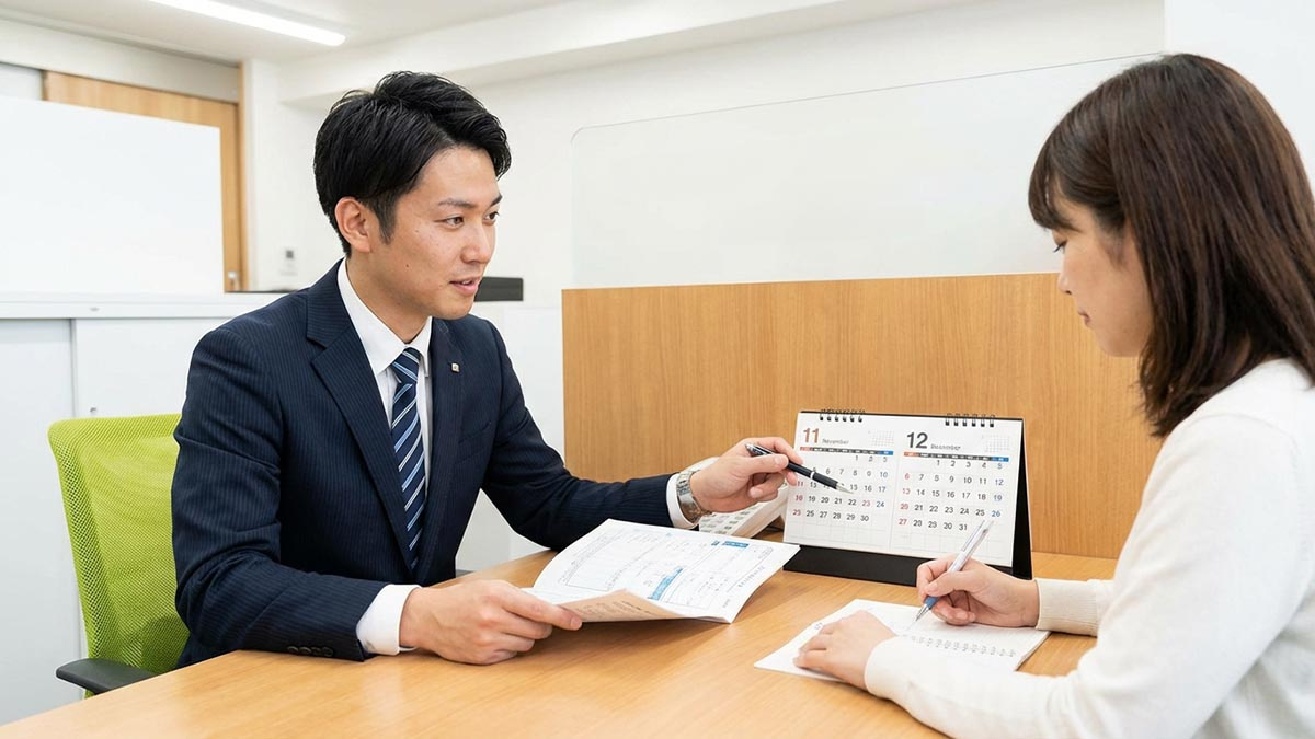 高翔バイセルのスタッフが、購入後の税金や資金計画について顧客に丁寧に説明している様子