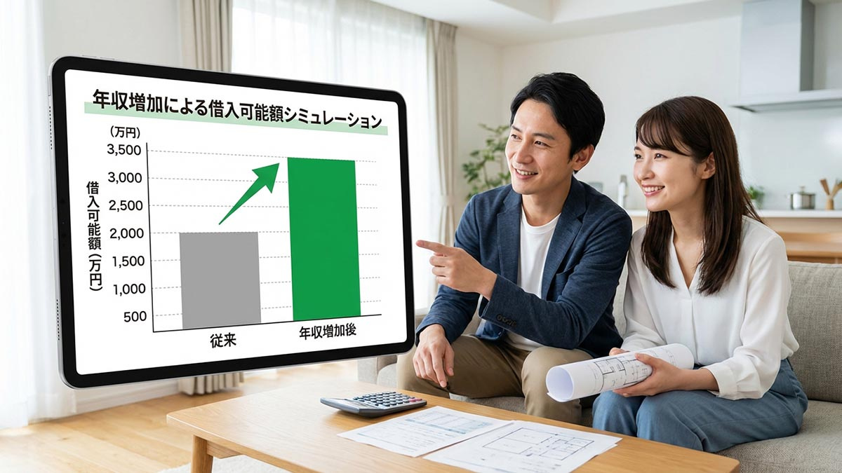 年収増加による住宅ローン借入可能額の増加をシミュレーションしたグラフと、余裕のある表情の夫婦