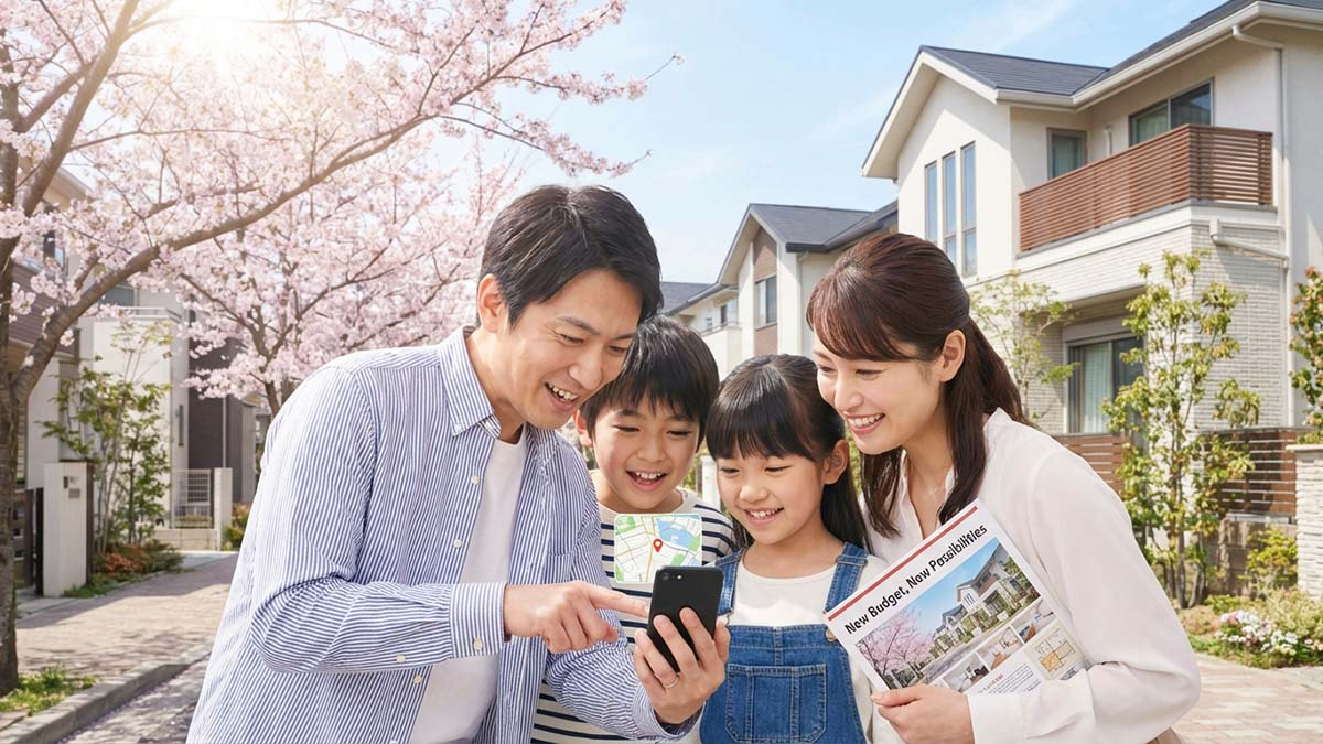 阪神間の人気エリア(西宮北口や芦屋川周辺)の地図を見ながら、新しい予算で物件を探す家族