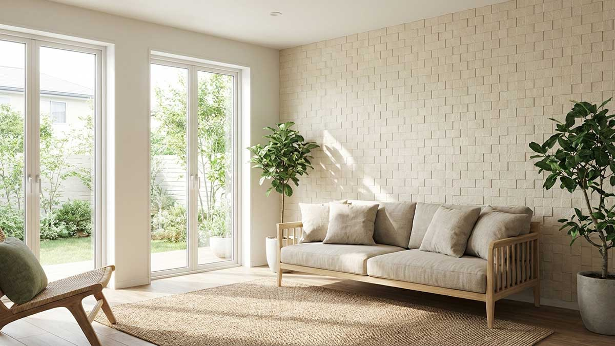 エコカラットや調湿機能付きの壁材を使用した、快適で明るい1階のリビング