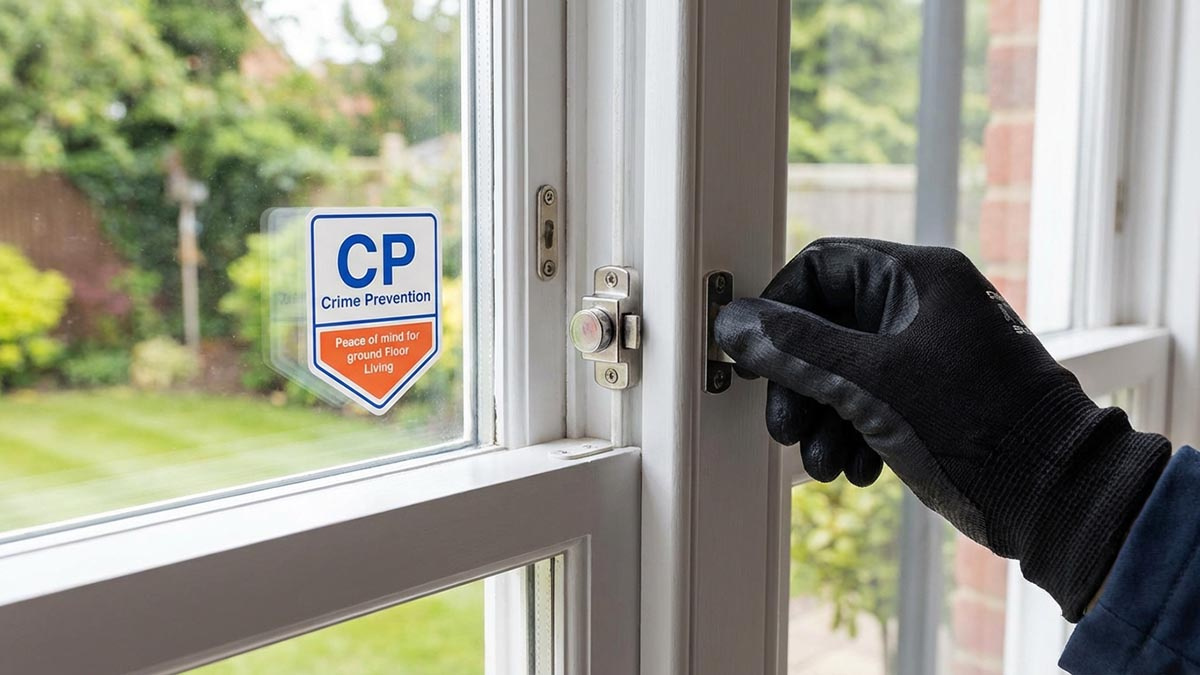 防犯合わせガラス(CPマーク付き)の窓と、補助錠が設置されたサッシのアップ