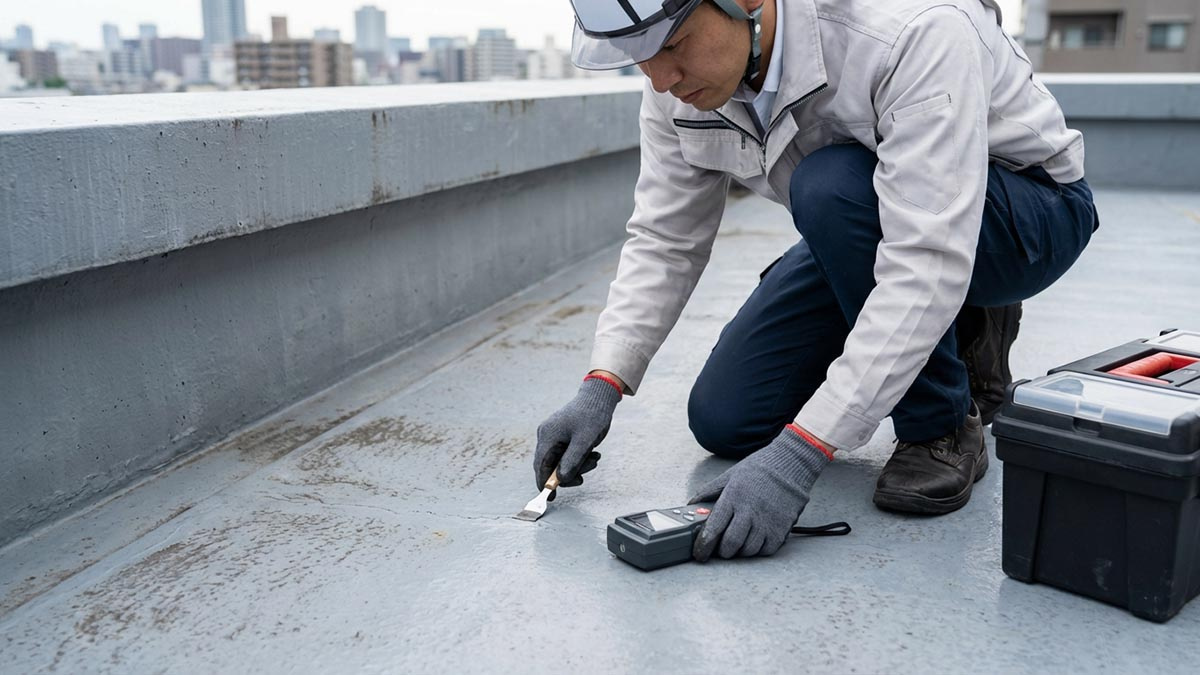 専門業者がルーフバルコニーの防水層(ウレタン防水など)の状態を点検している様子