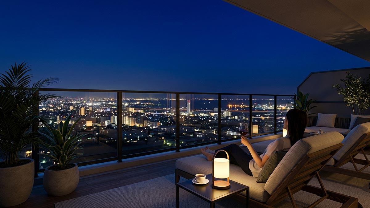 ルーフバルコニーから見渡す西宮市の夜景。椅子に座ってリラックスするイメージ