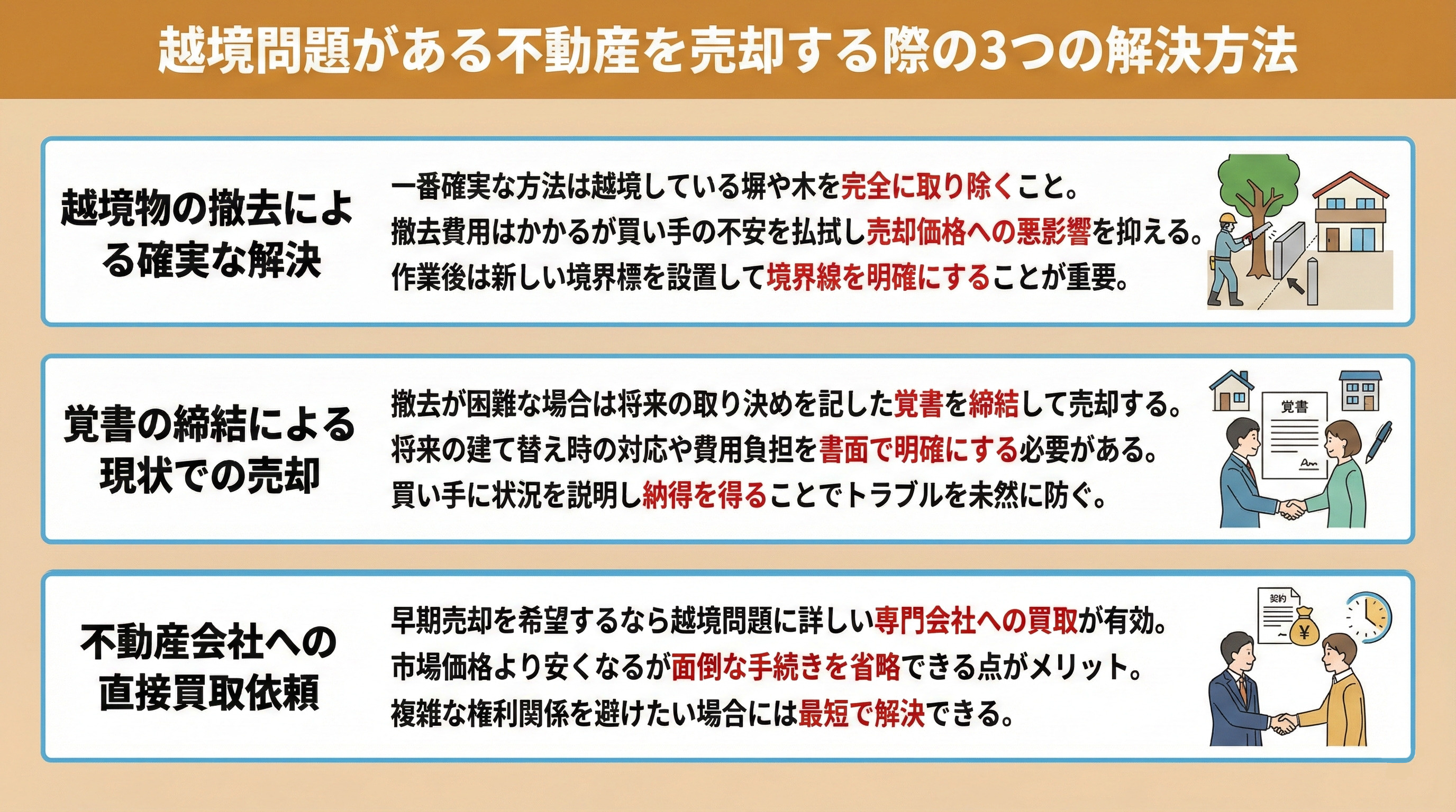 越境問題がある不動産を売却する際の3つの解決方法