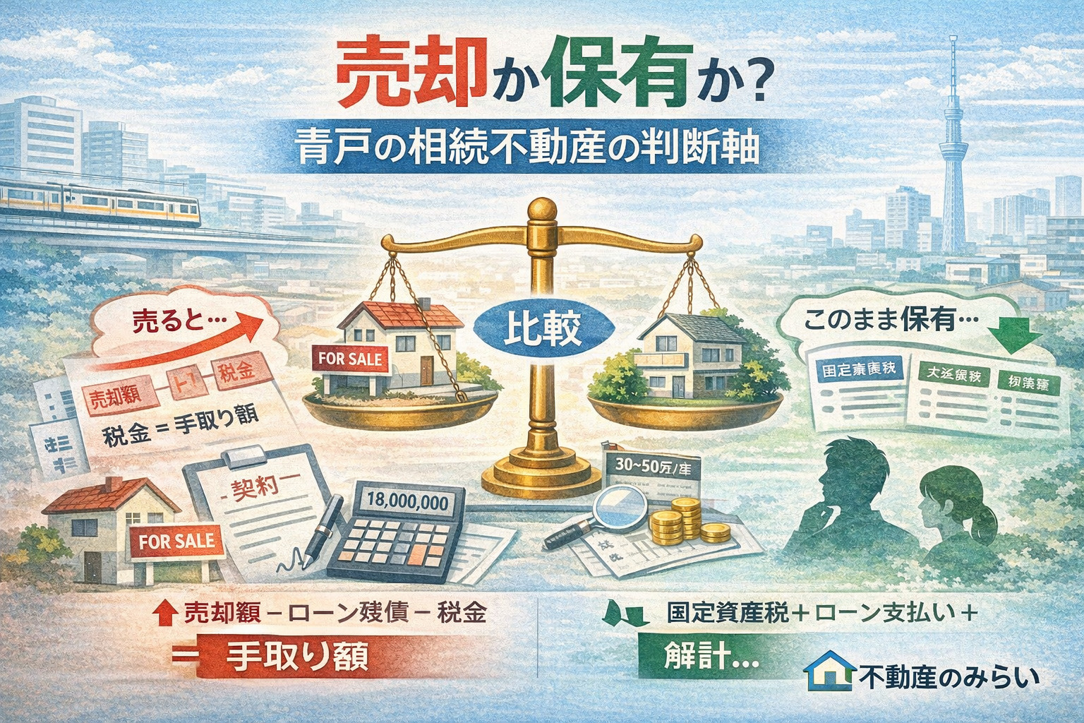 相続不動産の売却と保有を比較するイメージ