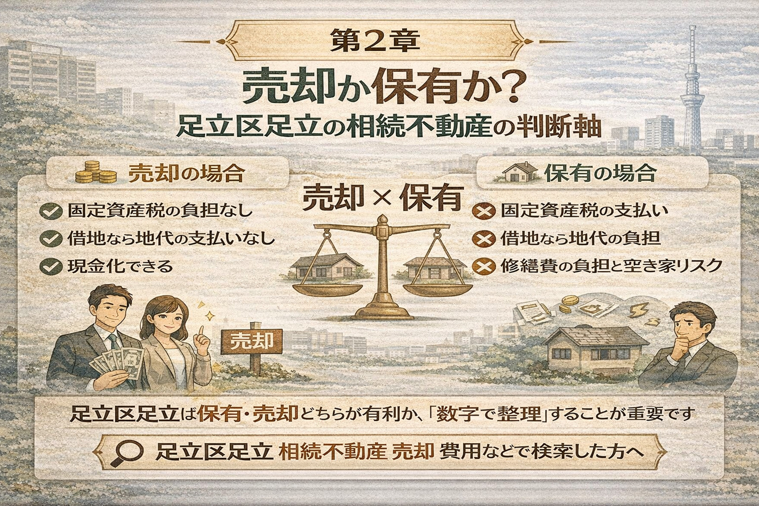 足立区足立で相続不動産の売却と保有を比較する図