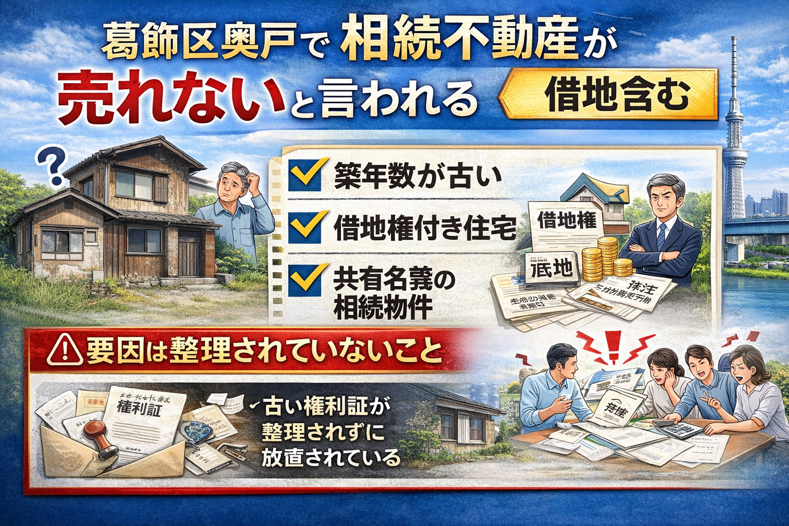 葛飾区奥戸の借地付き相続不動産の課題を示す図