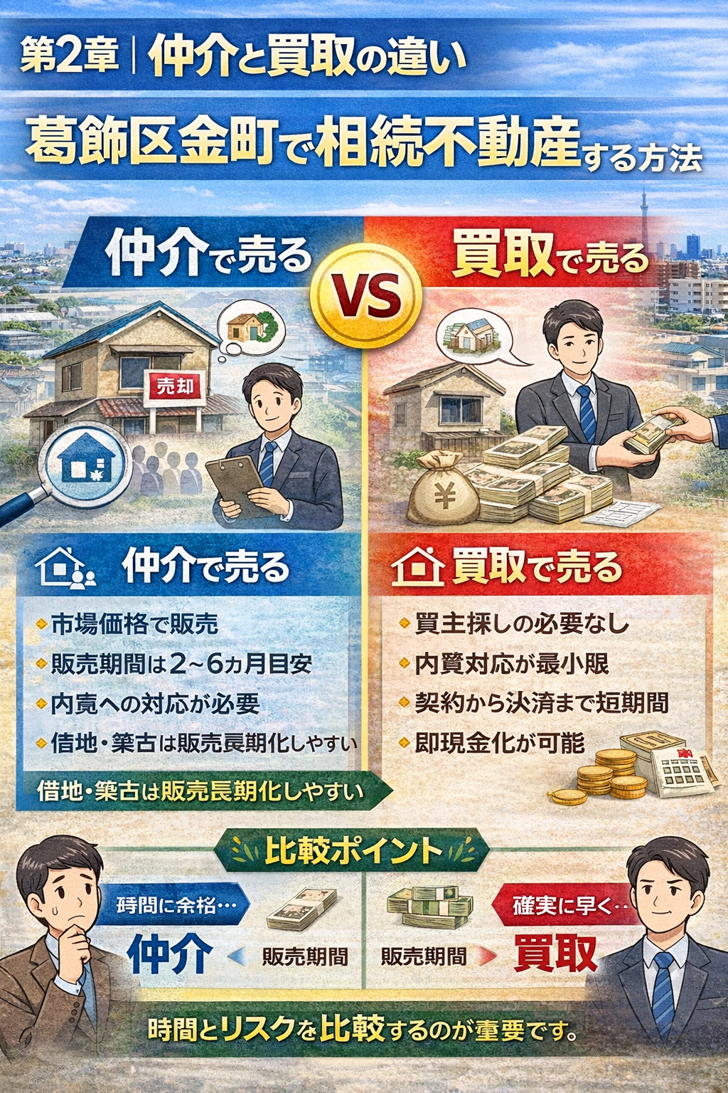 葛飾区金町で相続不動産を即現金化する買取と仲介の比較イメージ